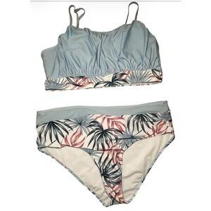 Shein Floral Blue Pink Tropical High Waist Bikini 2XL Cruise Beach Swim Milkmaid